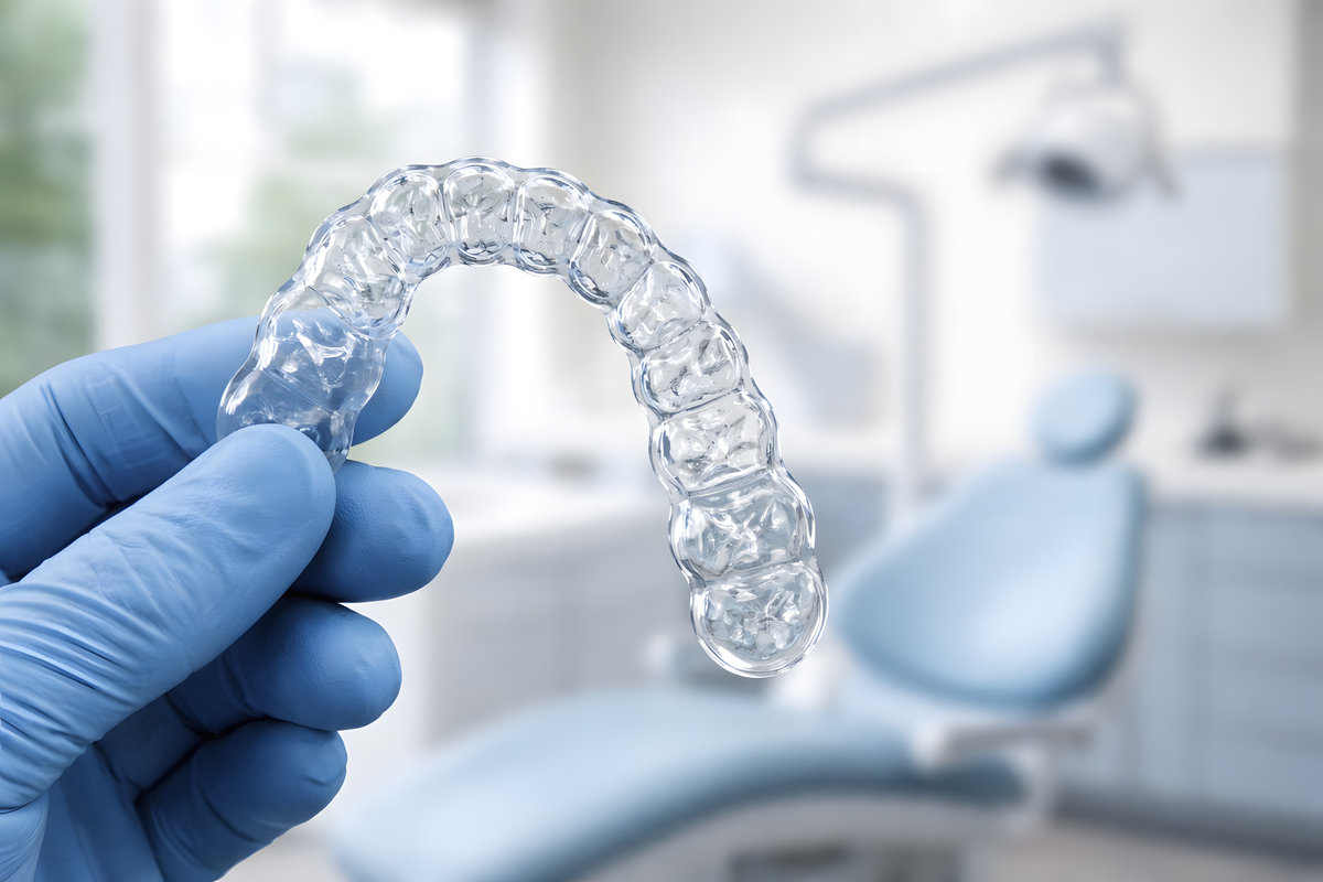 Clear dental aligner held in a gloved hand