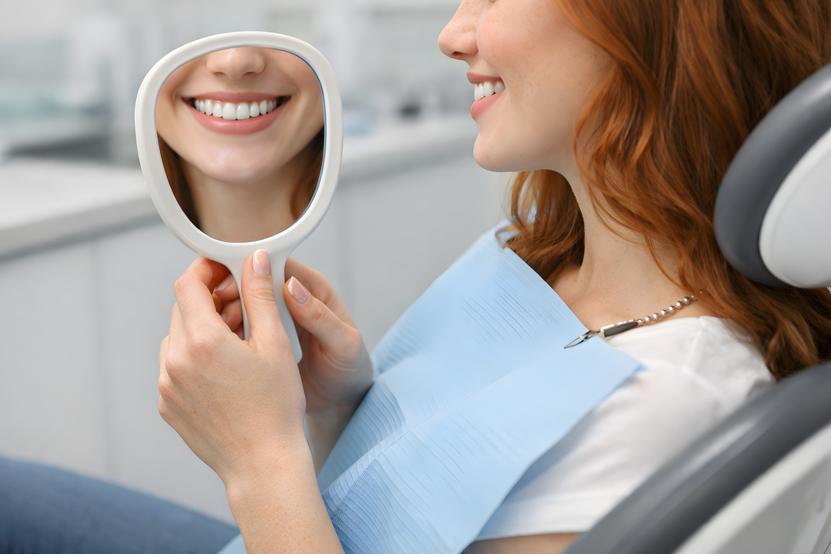 Patient admiring her smile in a handheld mirror