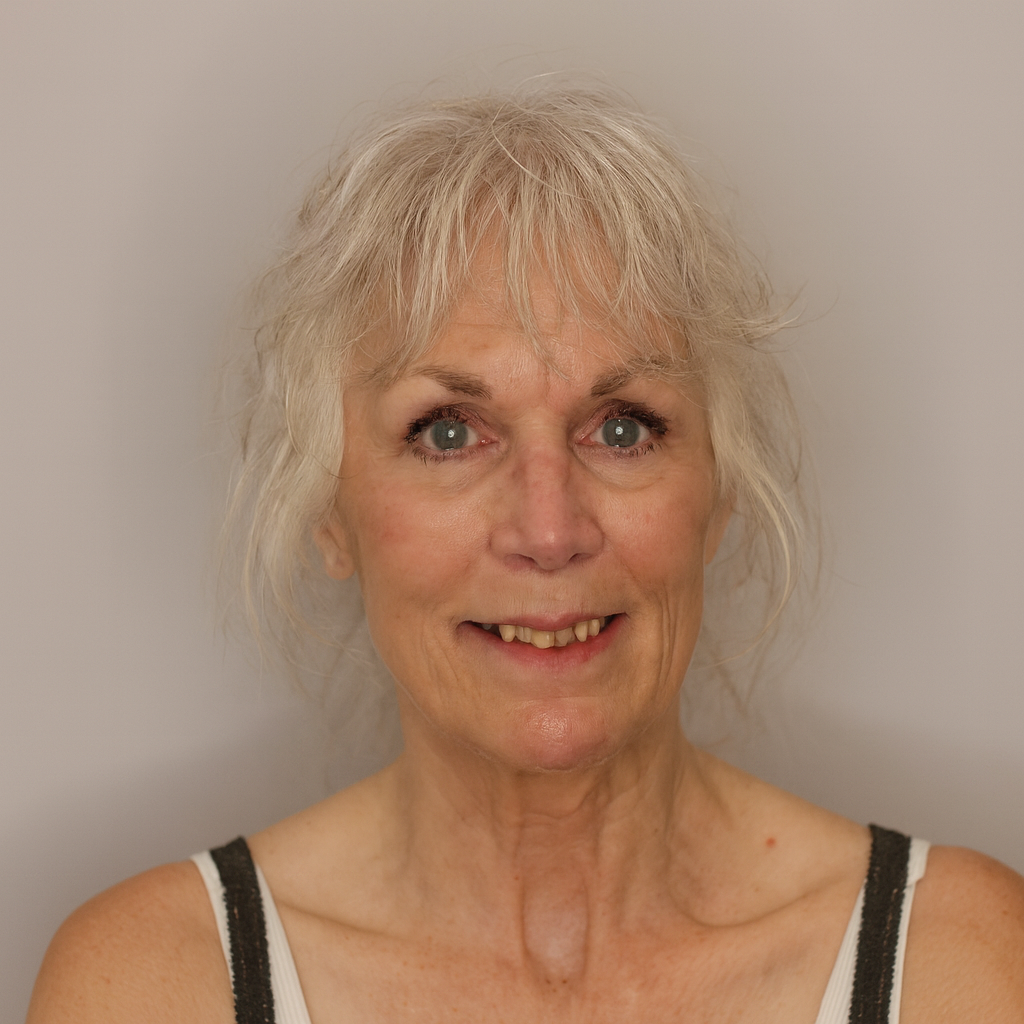 Older woman with gray hair smiling, showing yellowed and misaligned teeth before treatment