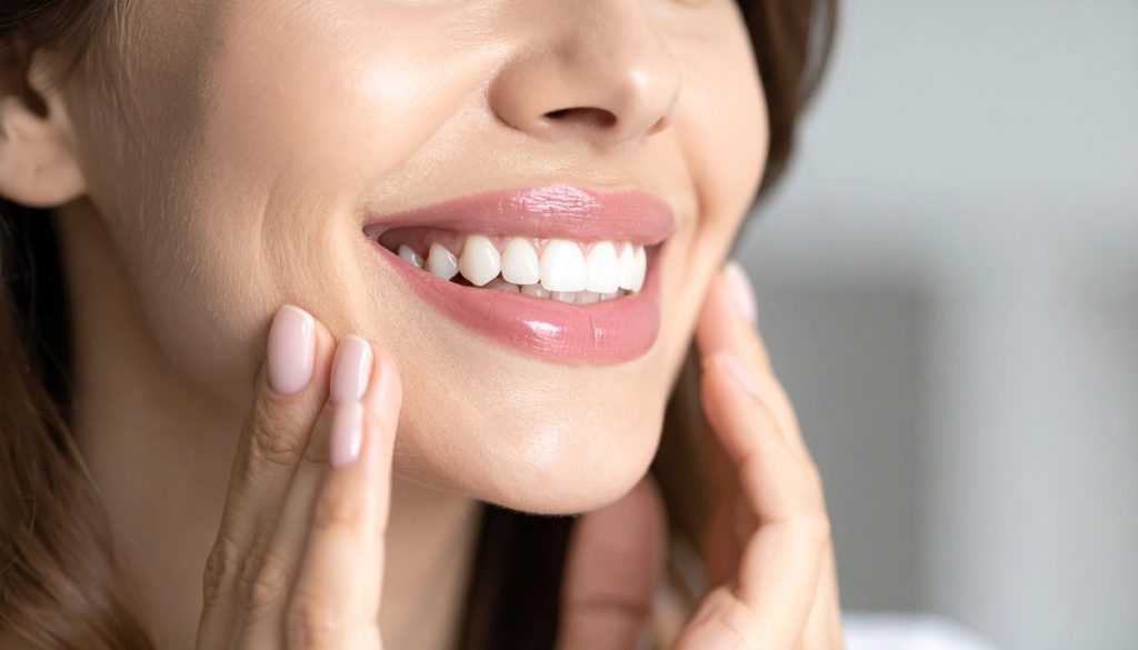 Close up of young woman smiling with healthy white teeth and pink glossy lipstick touching face, dental care, oral hygiene, teeth whitening.